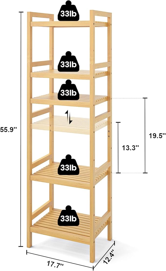 Homykic Bamboo Bookshelf, 5-Tier Narrow 55.9” Adjustable Book Shelf Bookcase