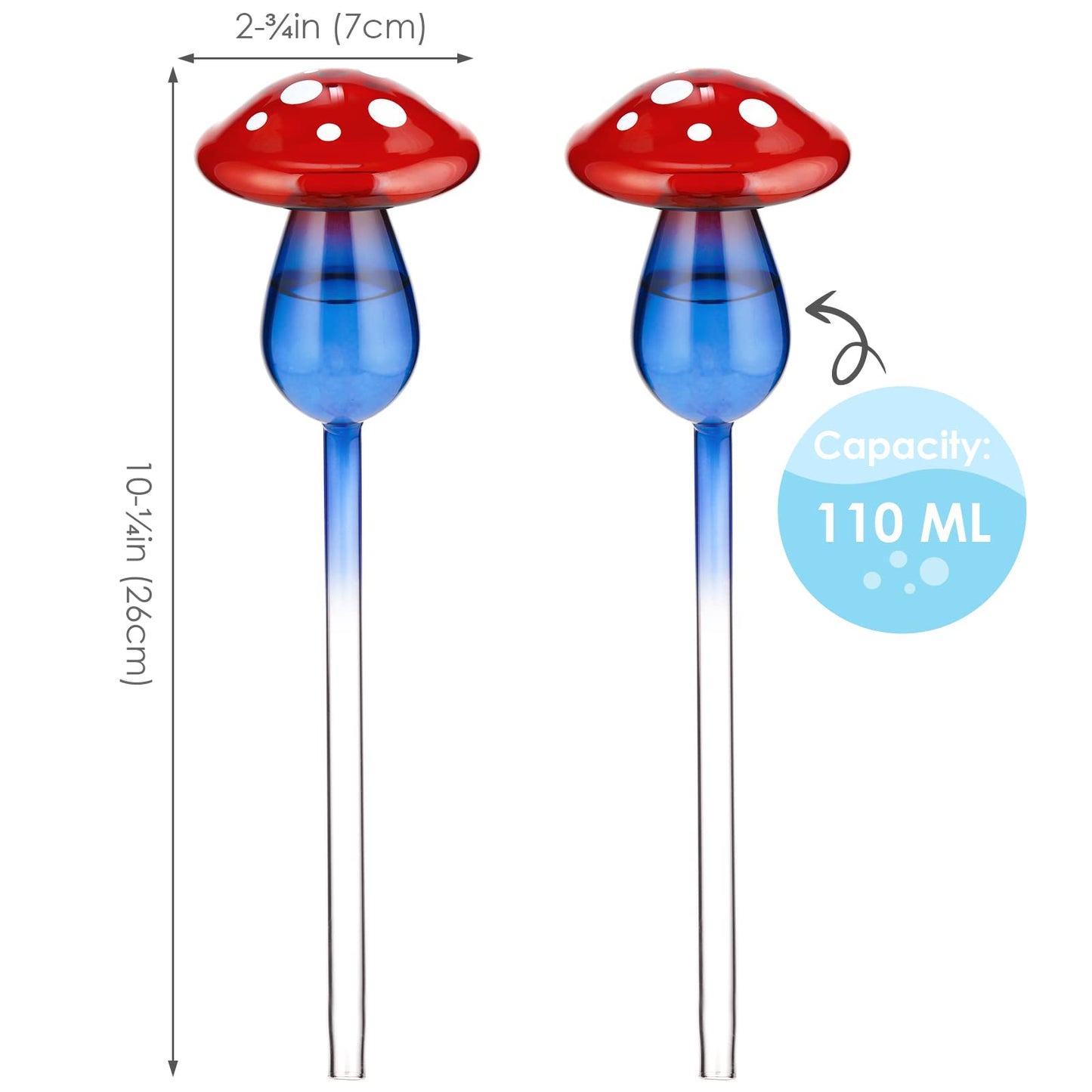 NiHome Mushroom Spike Self-Watering Bulb 2-Pack 10" Long Gradient Red Blue Hand-Blown Glass Globe Pot Plant Waterer for Home Indoor Outdoor Garden Patio Hanging Flower Automatic Irrigation System