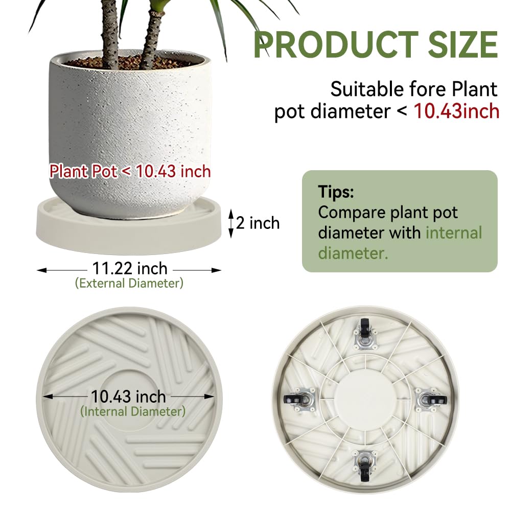 UoeRing Plant Caddy with Hidden Wheels 11 Inch Heavy Duty Rolling Plant Stand, Indoor Outdoor Plant Saucer Tray with $9.9 Garden Tools (Beige)