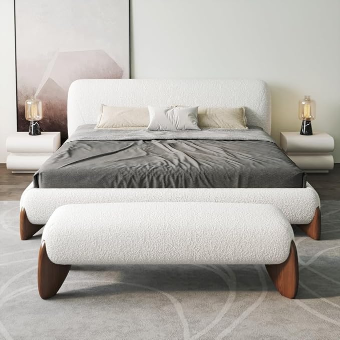 homary Curva Modern White Boucle King Size Platform Bed Set & Bedroom Bench