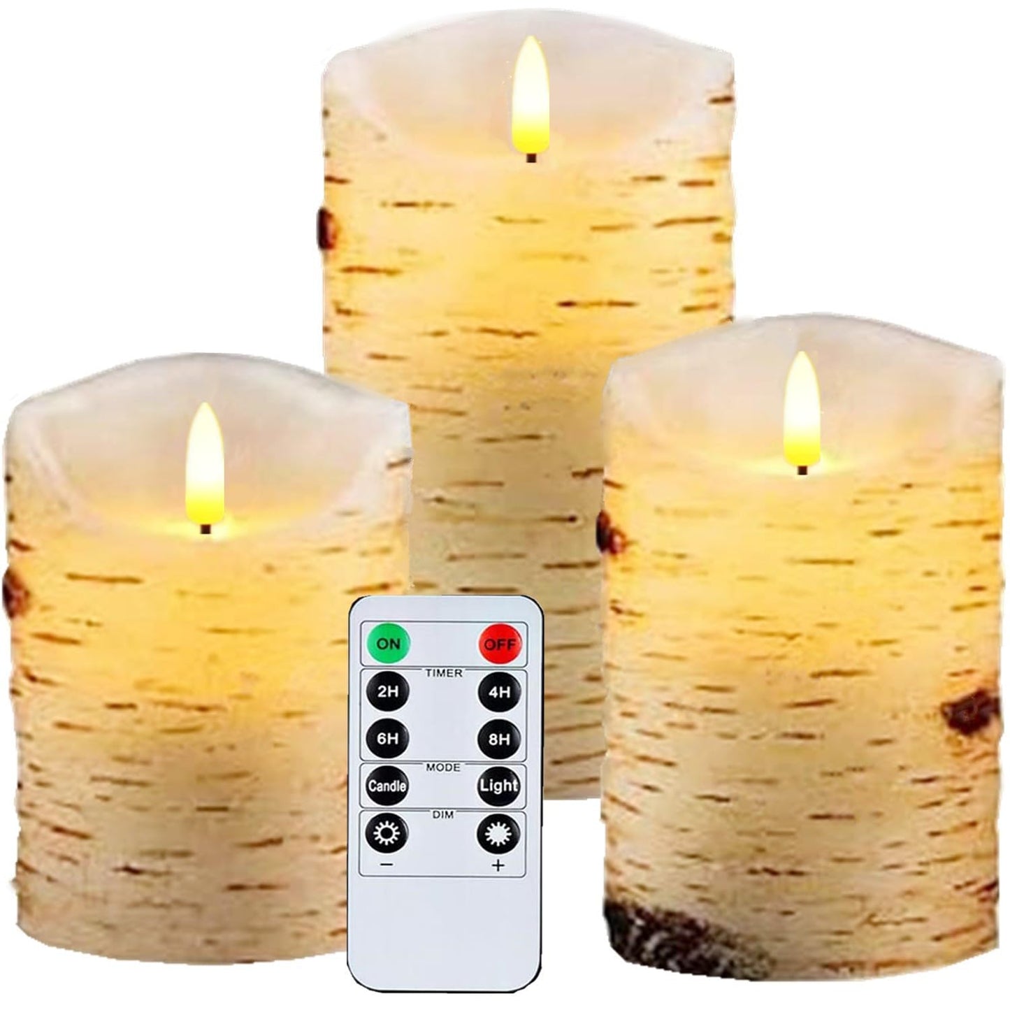 3 Pack Birch Bark Flameless Candle Set, 4" 5" 6" Flickering Battery Operated Candles with Remote Control, Electric Candle with Timer, Dancing Flames Real Wax LED Pillar Candles for Home Decor Party