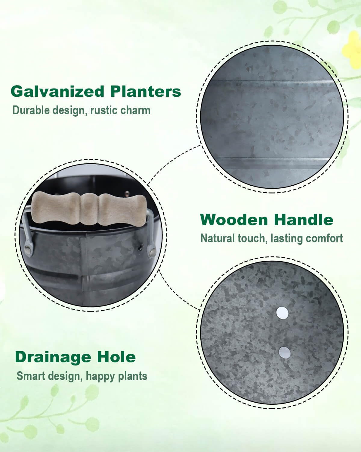 15 Inch Galvanized Planters for Outdoor Plants - 3 Pcs Rustic Large Metal Flower Buckets with Drainage & Plug, Farmhouse Style Oval Containers with Handles, Great for Home Decor, Galvanized Black