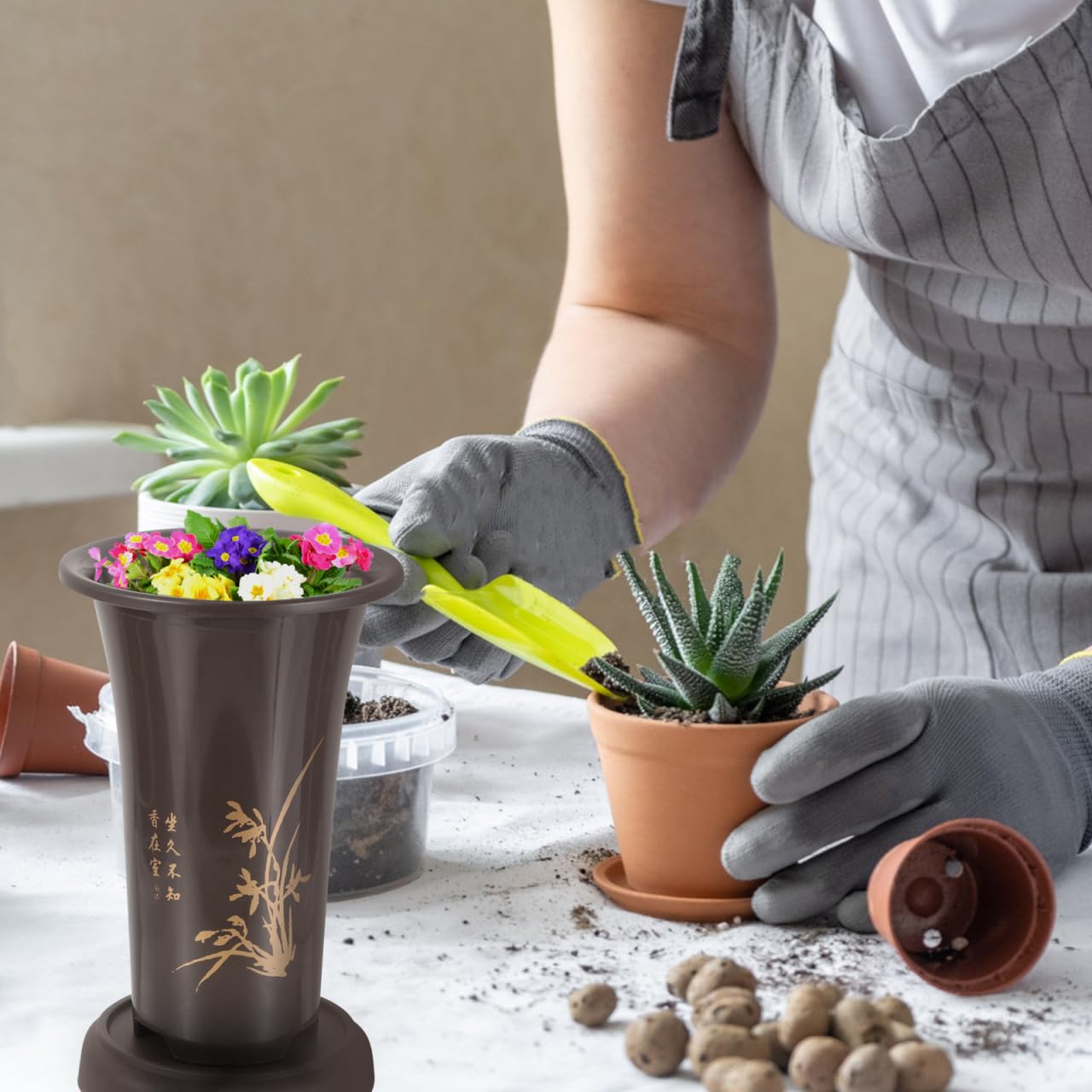 2-Pack Tall Orchid Pots with Drainage Trays, 9.4 Inch Plastic Breathable Planters for Cymbidium & Indoor Plants, Lightweight Chinese Style Bonsai Nursery Container