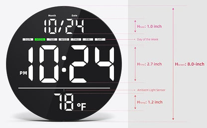 Digital Wall Clock with Large LED Display, Date, Temperature, Auto-Brightness | Small [PLUG-IN] Clock | Modern Electric Wall Clock for Bedroom, Classroom, Living Room, Home, Office, Farmhouse – White