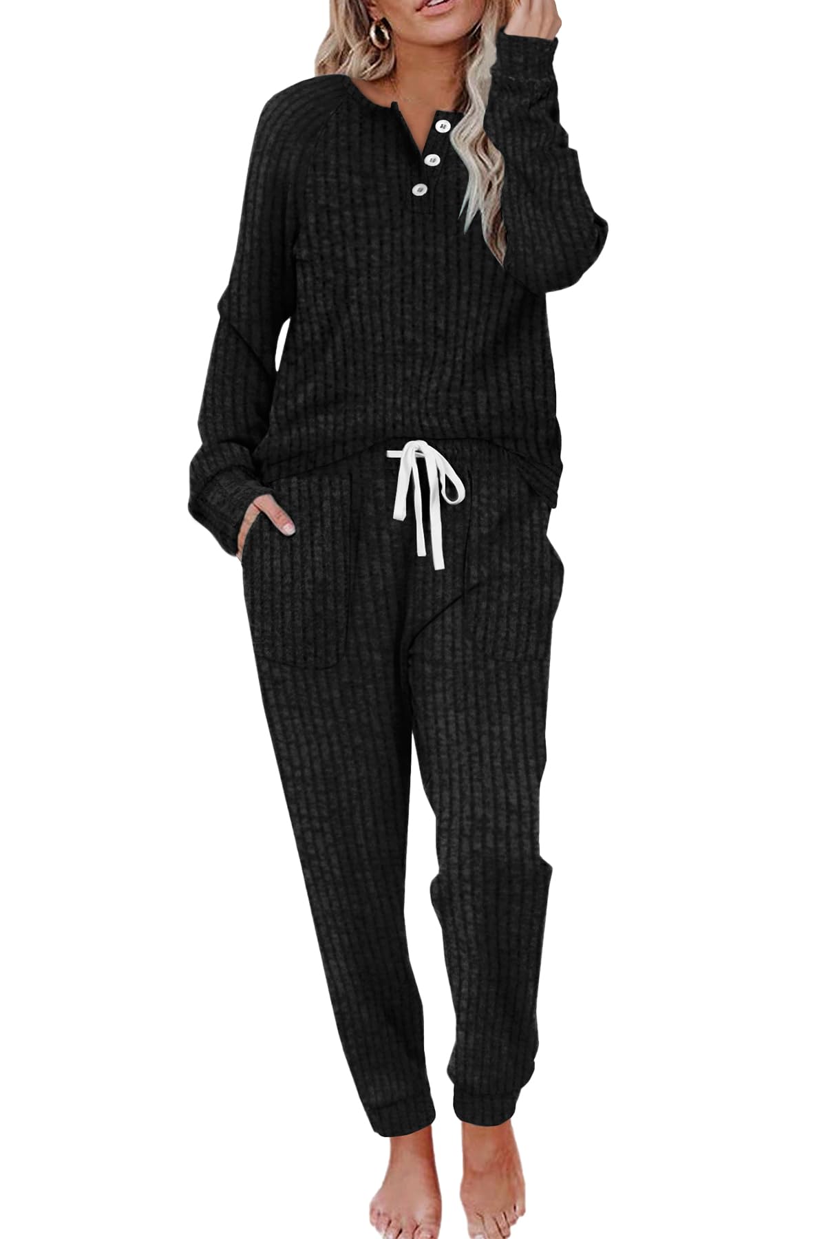 WIHOLL Track Suits for Women Set Loungewear Long Sleeve Soft Tops Sweatsuits Black M