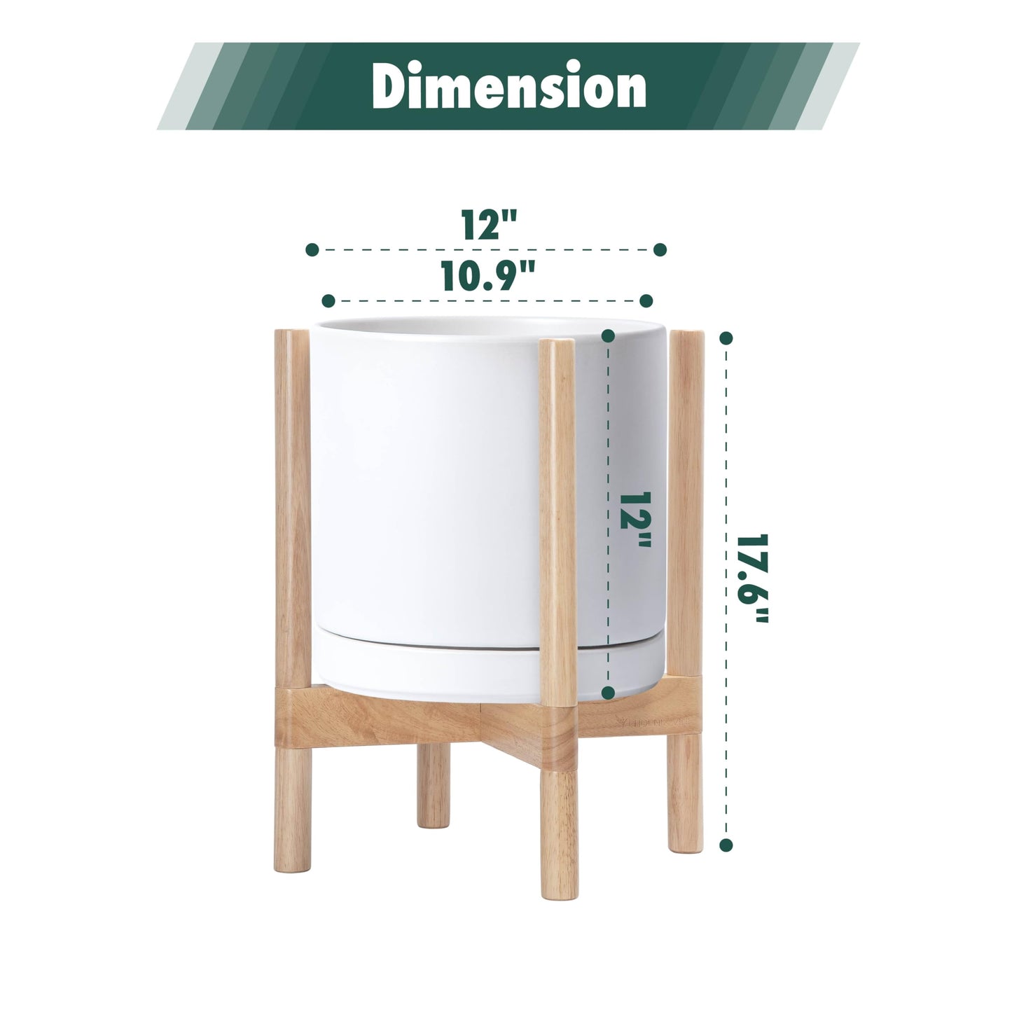 D'vine Dev Ceramic Planter with Natural Stand - 12 Inch Modern Round Flower Pot with Wood Planter Holder, White, 55-B-J-1