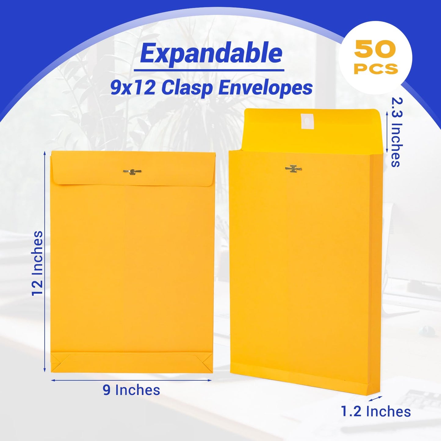 50 Pack Expandable 9x12 Manilla Envelopes with Clasp and Gummed Seal, Goefun 180 GSM Heavyweight Large Yellow Manilla Envelopes 8.5 x 11 for Documents, for Home, Business, School Use
