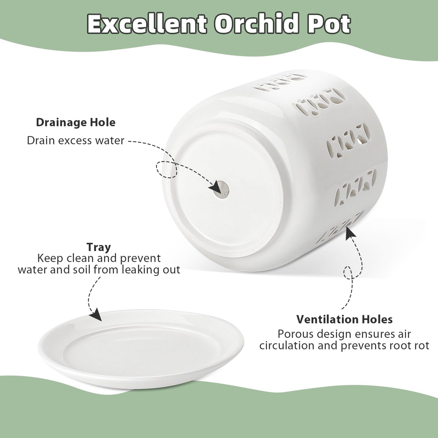 KERUITA Ceramic Orchid Pots with Holes – 5" & 6" Orchid Planter Set with Drainage and Saucers, Breathable Orchid Pots for Healthy Roots