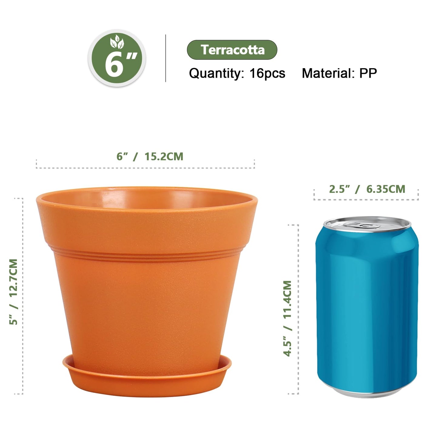 Meowell 6 inch Plastic Nursery Pots, 16 Pack Plant Pots for Indoor Outdoor Plants, Flower Pots with Drainage Holes and Saucers, Decorative Seedling Starter Planters for House Plants, Terracotta