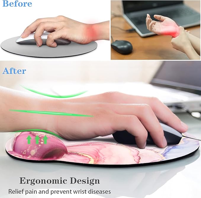 WAVEYU Pink Golden Marble Mouse Pad with Wrist Support, Mouse Mat for Women Non-Slip Rubber Base Mousepad for Desk Laptop Gaming Working Computers Easy Typing & Pain Relief
