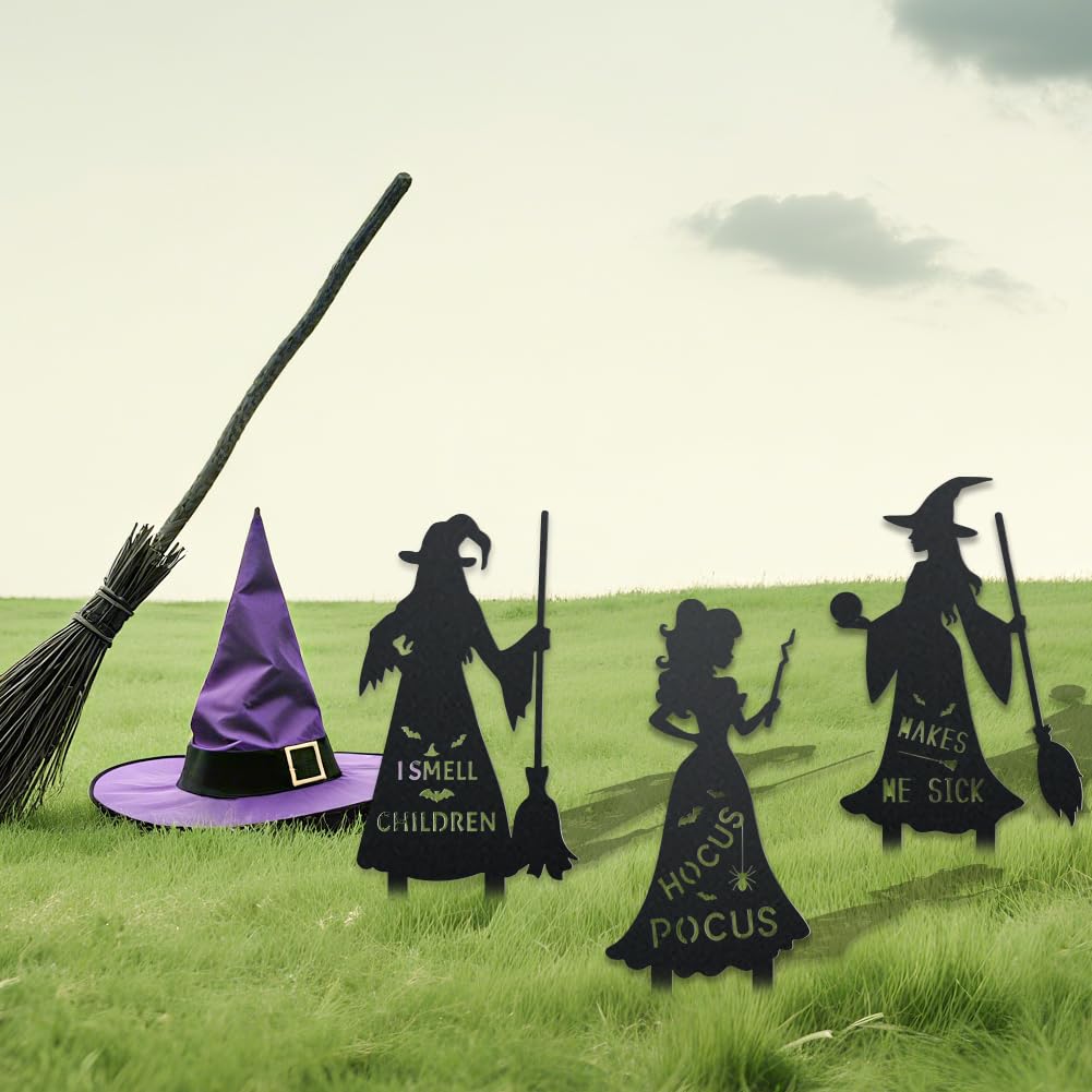 WADORN 3Pcs Halloween Witches Metal Decorative Garden Stakes, Metal Halloween Silhouette Yard Signs Hocus Pocus Garden Scary Ornament Sign for Garden Outdoor Backyard Patio Lawn Holiday Party Decor