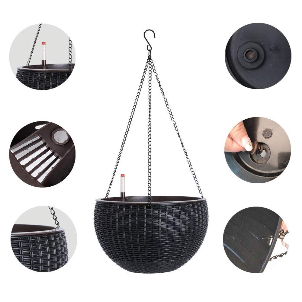 Vencer 11 Inch Round Resin Self Watering Hanging Basket,Water Indicator,Modern Decorative Planter Pot for All House Plants,Black,VF-050B