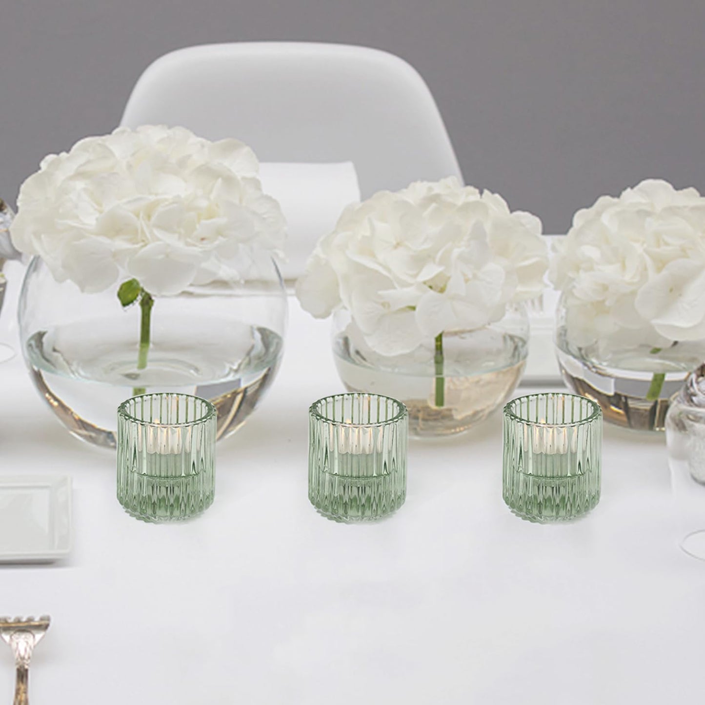 CHOCSTAY 3 Pcs Reversible Green Glass Candle Holders for Taper Tealight LED