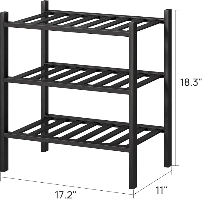 viewcare Small Shoe Rack for Entryway, 3-Tier Black Bamboo Shoe Organizer for