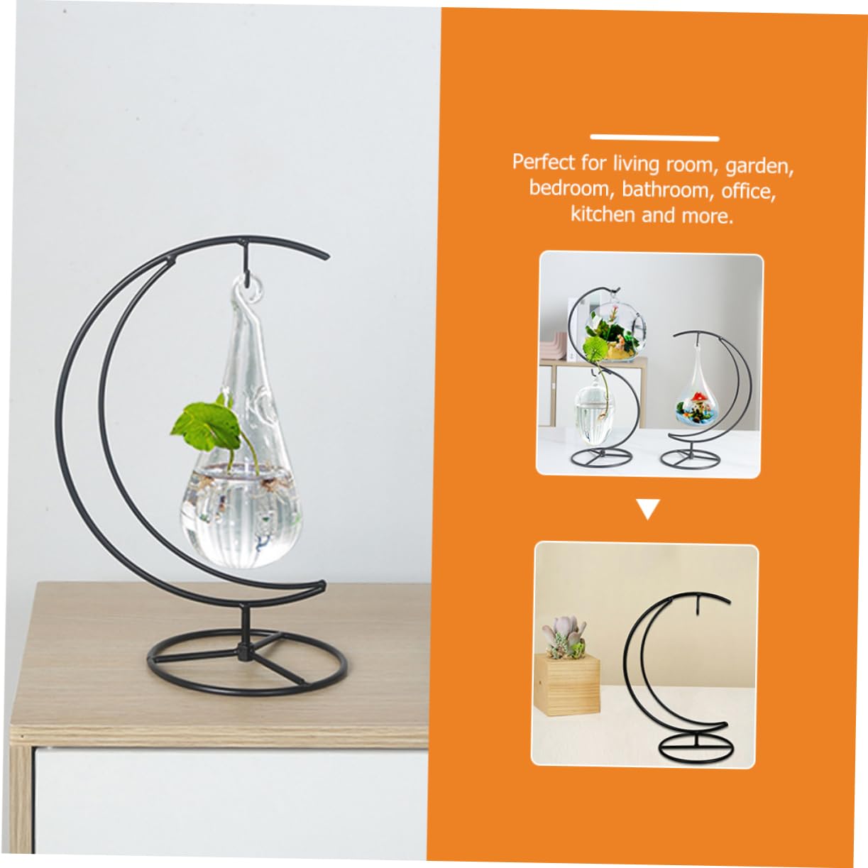 Zerodeko Moon Shaped Iron Ornament Display Stand with Hanging Glass Globe Holder Creative Plant and Terrarium Hanger for Balcony Home Office Decoration Suitable for Air Plants and Flower