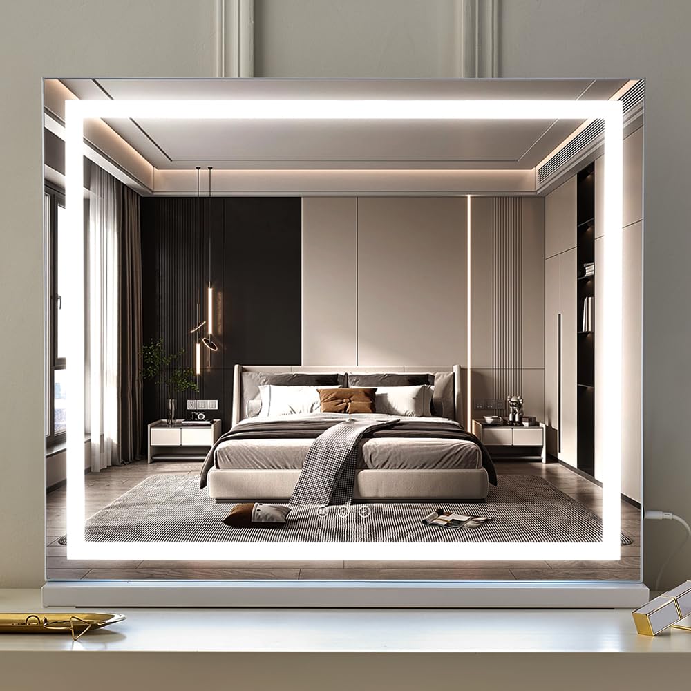 HIEEY Lighted Makeup Mirror, Hollywood Vanity Mirror with Lights, Three Color Lighting Modes, and 5X Magnification Mirror, Smart Touch Control, 360°Rotation (17.3in,White,Gift Box)