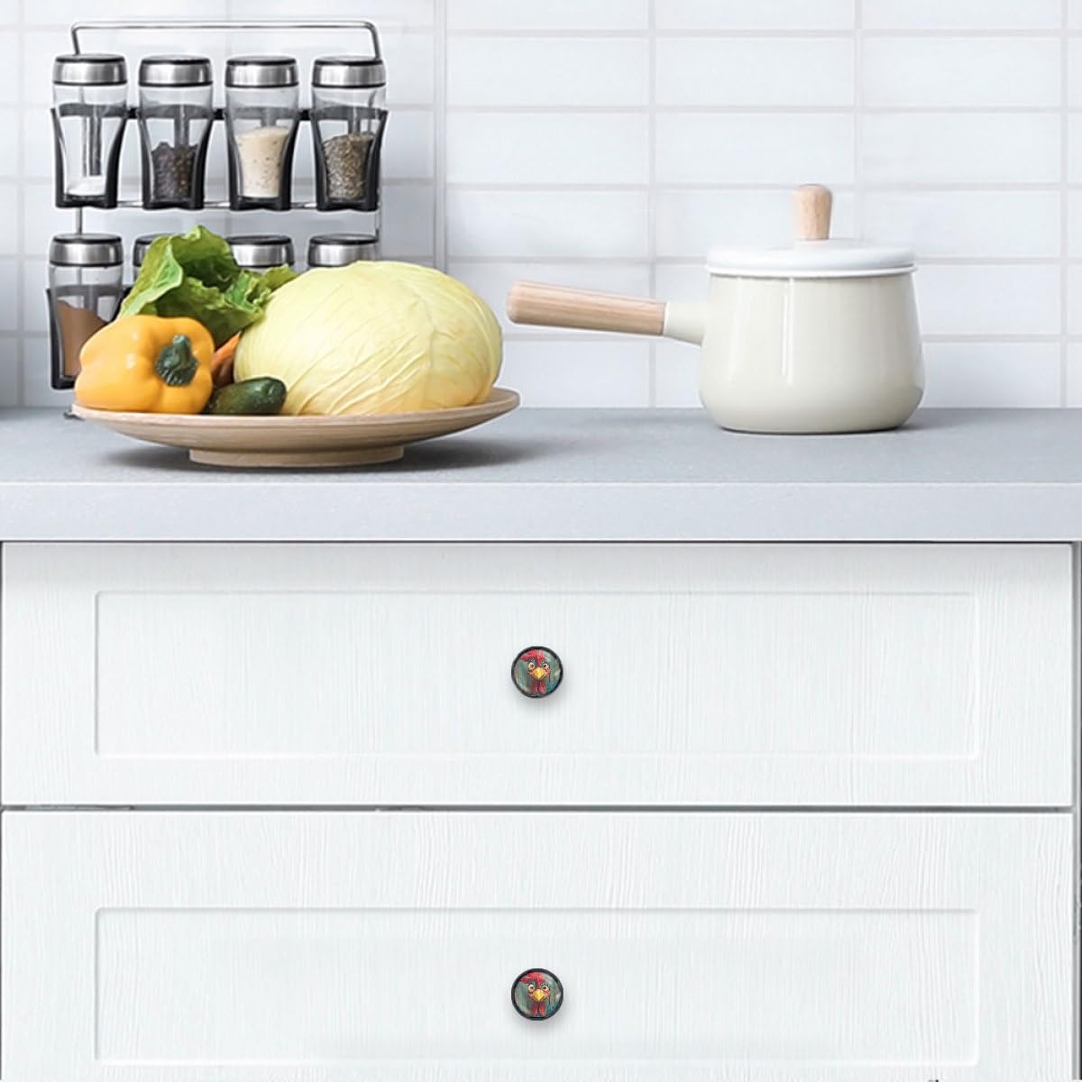4 Pack Farmhouse Rooster Cabinet Knobs, 1.37 Inch Round Drawer Pulls for Kitchen Cabinet Hardware Dressers Knobs and Closets