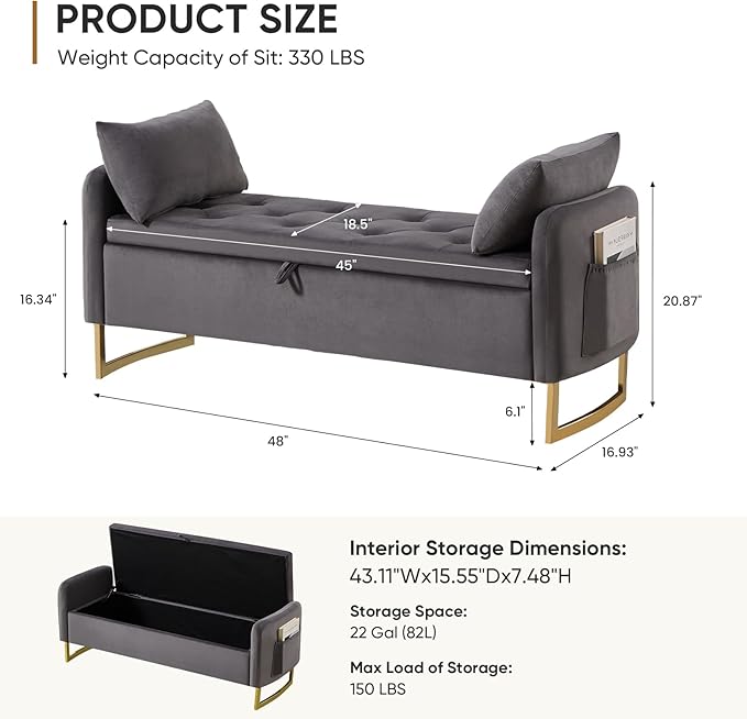 48" End of Bed Bench, Modern Storage Benches