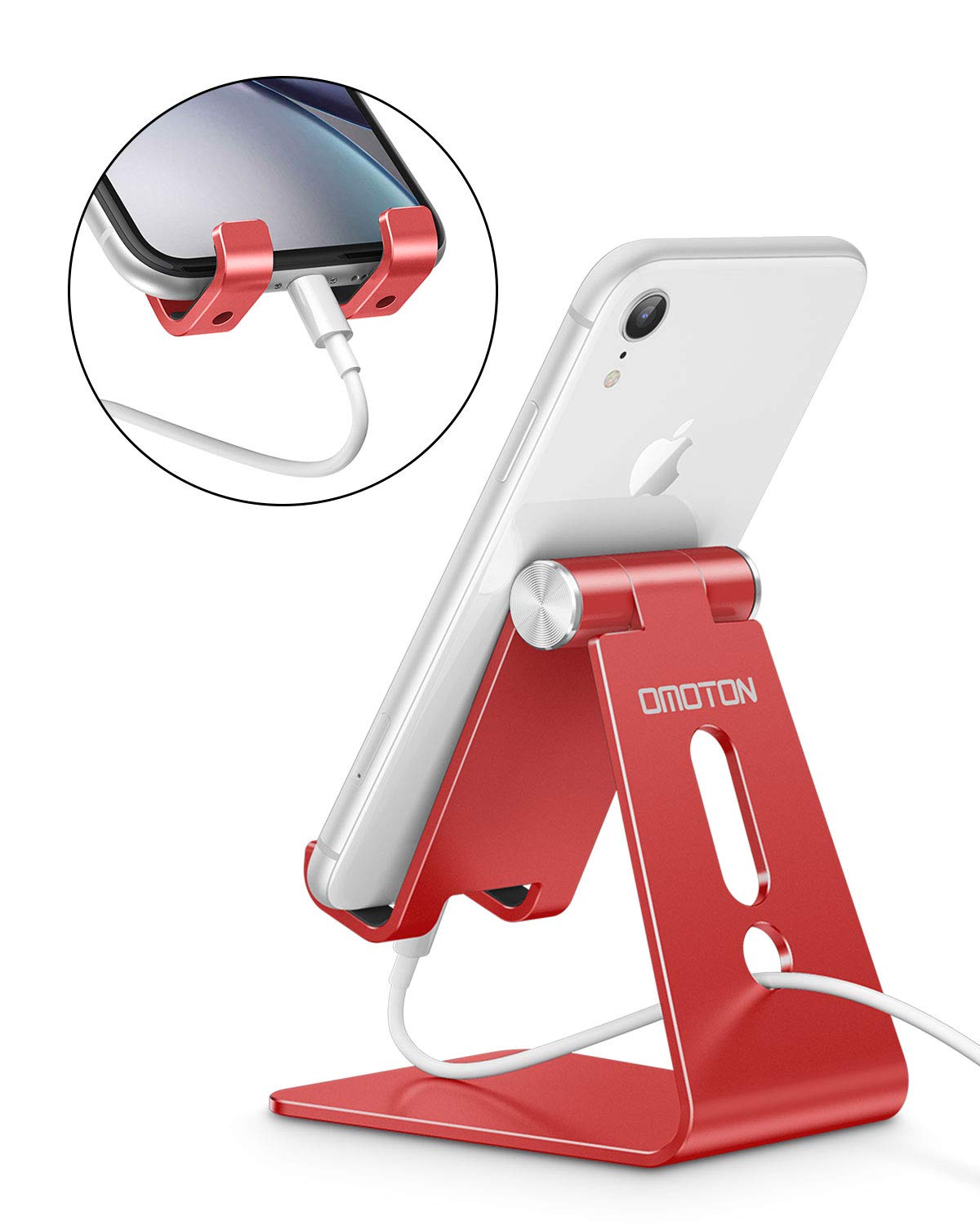 OMOTON Adjustable Cell Phone Stand, C2 Aluminum Desktop Phone Holder Dock Compatible with iPhone 15 14 13 Xs XR 8 Plus 7 6, Samsung Galaxy, Google Pixel, Android Phones, Red