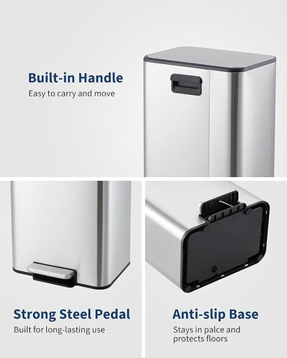3.4 Gallon/13 Liter Trash Can, Stainless Steel Step Garbage Can with Quiet Soft-Close Lid, Foot Pedal & Removable Inner Bucket, Rectangular Trash Bin for Bathroom Home Office, Silver