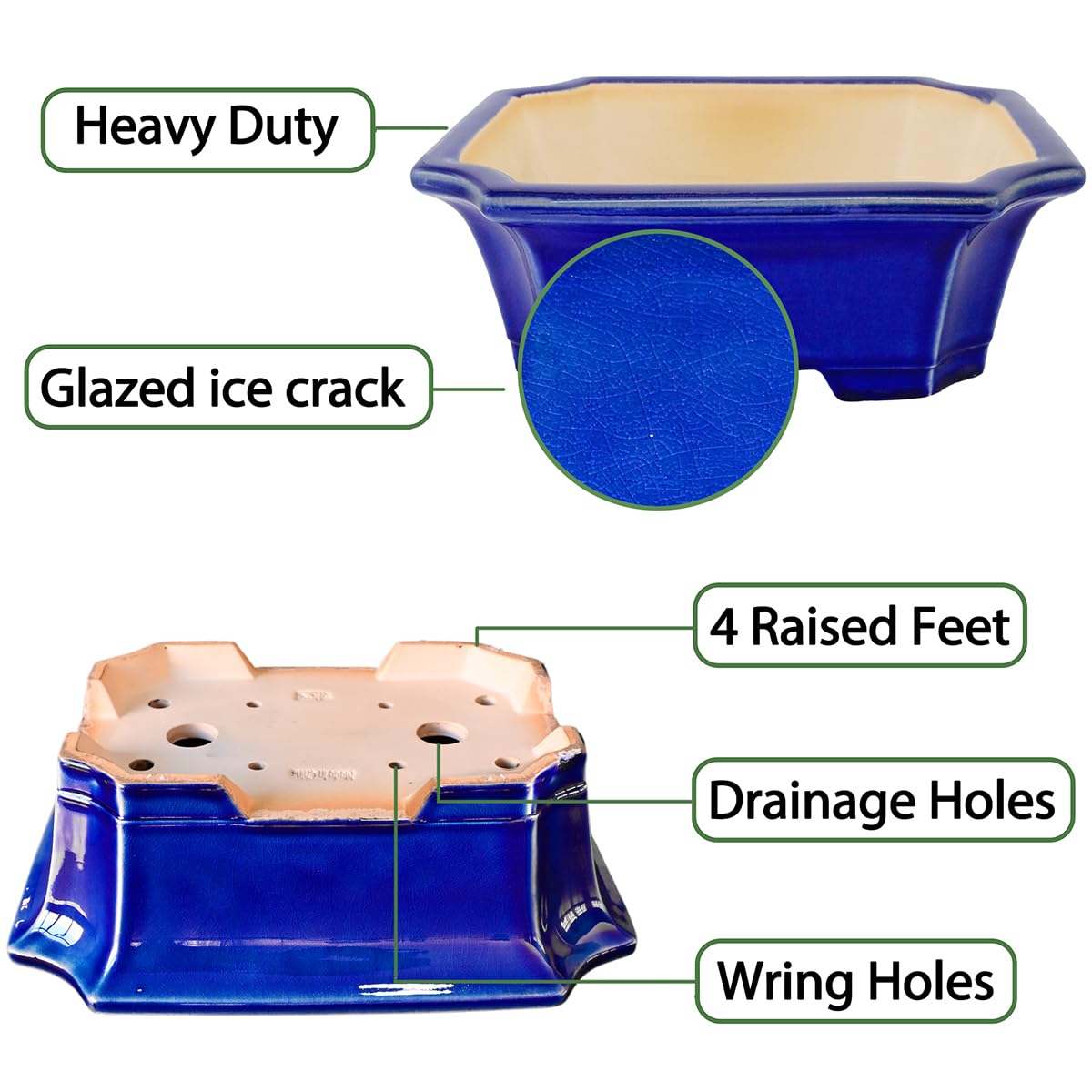 MUZHI Blue Bonsai Plant Pot 9.9” with Drip Saucer, Classic Glazed Ceramic Planter Container for Tree, Cactus, Succulent