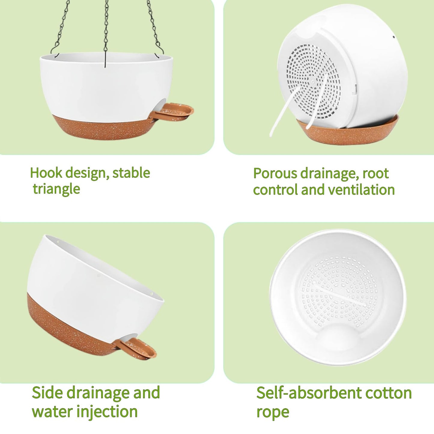 CNLBO 12 Inch Self Watering Hanging Planters 2 Pack, Indoor Outdoor Hanging Pots for Plants with Drainage Holes & Saucers, White Brown Plastic Hanging Baskets for Kitchen Balcony Garden