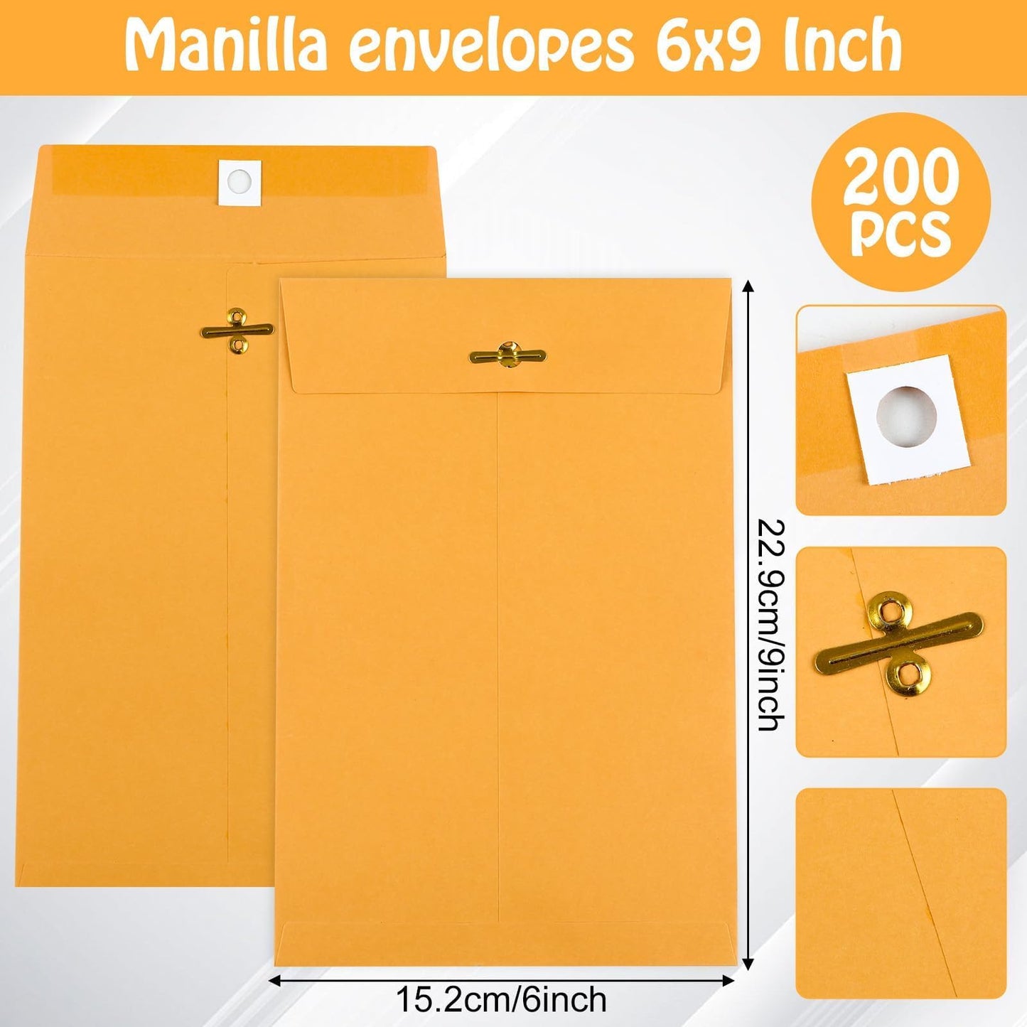 gisgfim 200 Pcs 6 x 9 inch Clasp Manilla Envelopes with Gummed Seal, Small Mailing Envelope with Clasps Closure 28 lb Kraft Paper Yellow Folders for Storing or Mailing Business Document Office