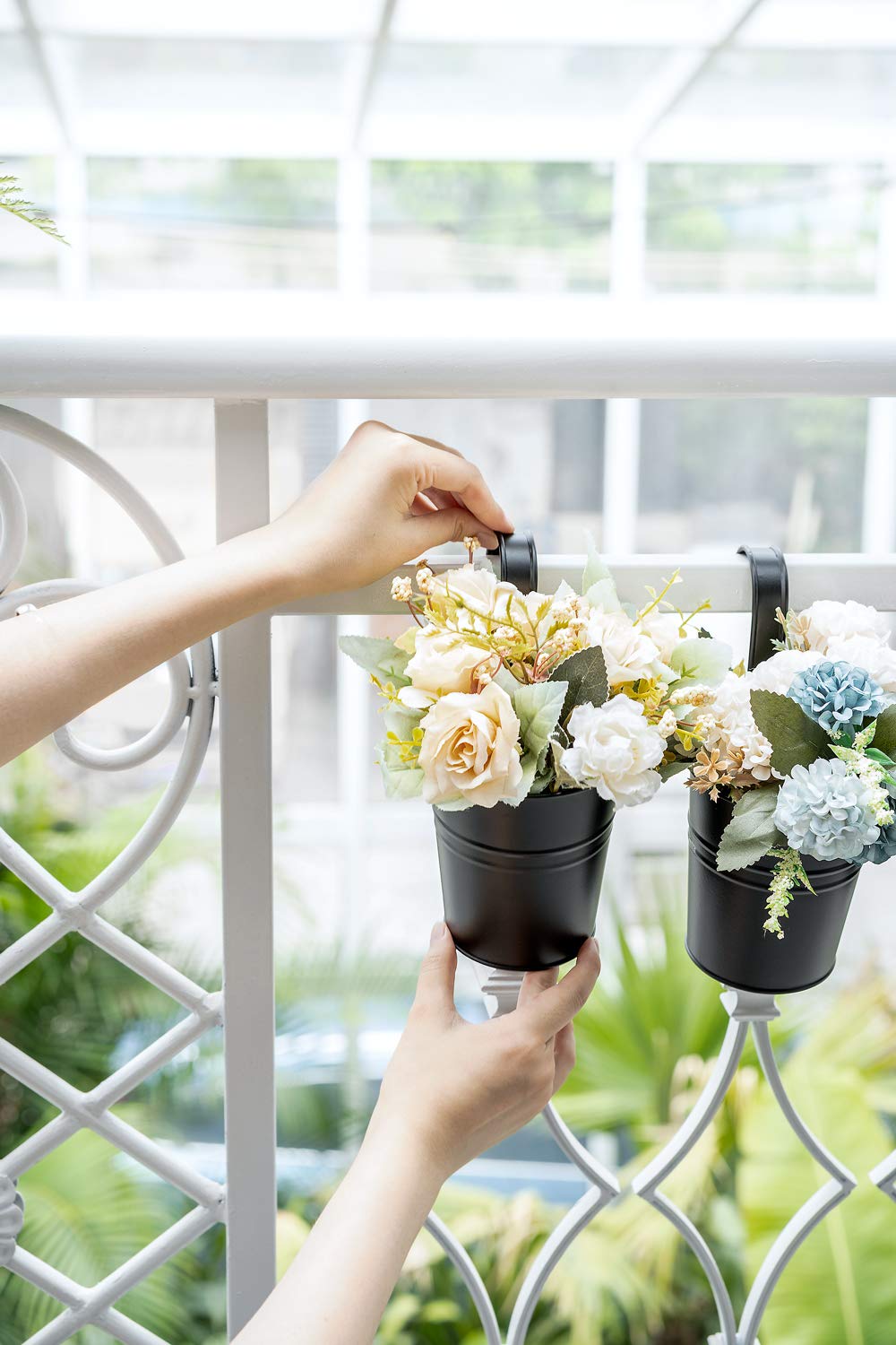 Dahey 10 Pcs 3.8 Inches Small Hanging Flower Pots Metal Iron Bucket Planter for Railing Fence Balcony Garden Home Decoration Flower Holders with Detachable Hooks, Black