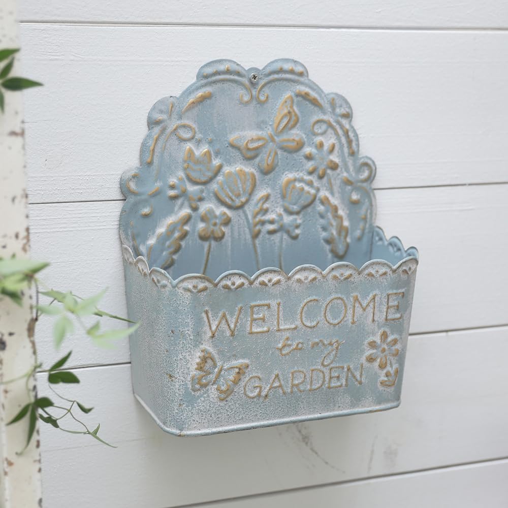 Chadechimo Decorative Hanging Wall Basket Shabby Chic Wall Planter for Indoor Planters Decor Blue Wall Planter Holder Metal Hanging Planter Wall Mounted Planter for Farmhouse Garden Wall Decor