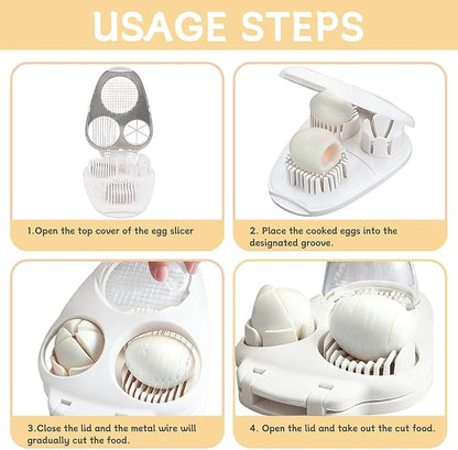 3-in-1 Egg Slicer for Hard Boiled Eggs, Stainless Steel Wire Egg Cutter with ABS Frame, Multi-Functional Kitchen Gadget for Slicing Strawberries, Bananas, Mushrooms & Cheese(White)