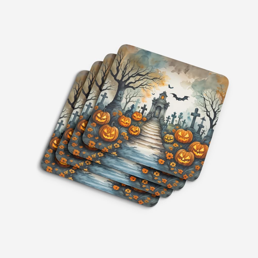 Caroline's Treasures Marigold Spooky Halloween Foam Coaster Set of 4 Cup Coasters for Indoor and Outdoor, Coaster for Tabletop Protection, Anti Slip, Mouse pad Material