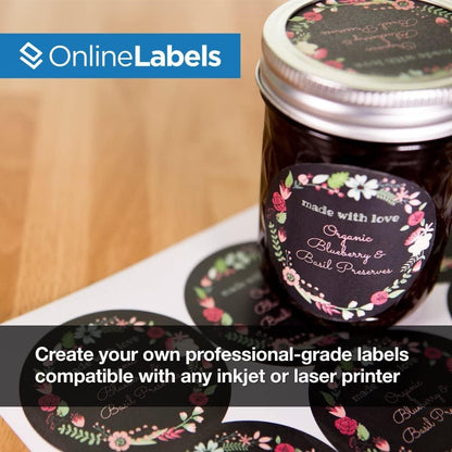 2.5" Round Labels - Permanent Adhesive, White Matte - Great for Candle & Jar Lids, Products, Favor Labels - Pack of 5,000 Circle Stickers, 60,000 Sheets - Inkjet/Laser Printers, OL350WX, OnlineLabels