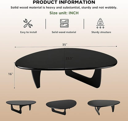 Solid Wood Triangle Coffee Table,Unique Mid Century Modern Oval Coffee Table,Irregular Geometric Tea Tables for Home Living Room with Wooden Tabletop and Reinforced Legs Black 35" L x 24" W x 16" H