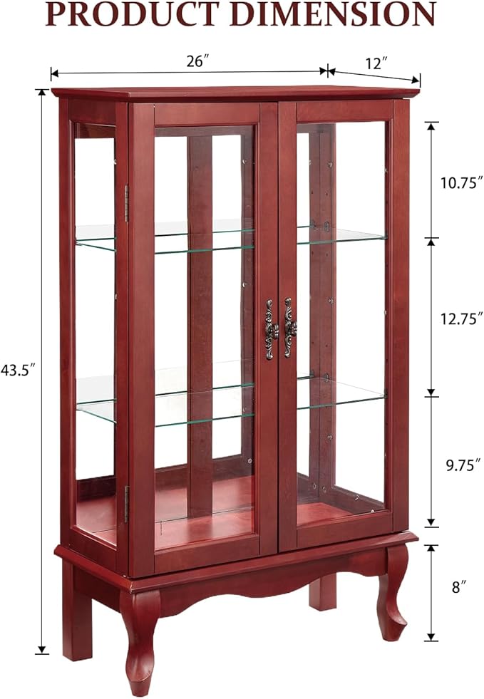 Curio Cabinet With Lighted Tall Leg Glass Door, Antique Display With Mirrored