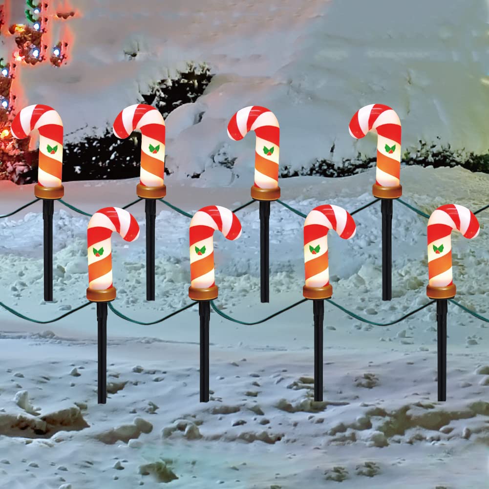 Oviejo C7 Christmas Pathway String Lights, Set of 8 Christmas Candy Cane Driveway Markers with 4 C7 Clear Bulbs, Waterproof String Lights for Pathway Decor Outdoor Decoration