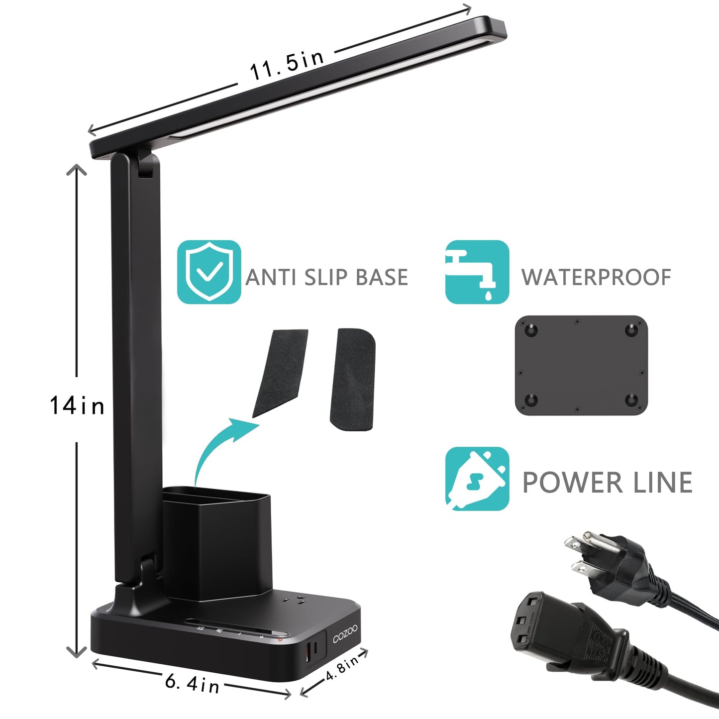 cozoo LED Desk Lamps for Home Office, Modern Dimmable Eye Caring Desk Light with USB Charging Ports AC Outlet, Pen Holder,Touch/Memory/Timer, Kids Small Table Lamp for Reading, Bedroom, Study, Craft