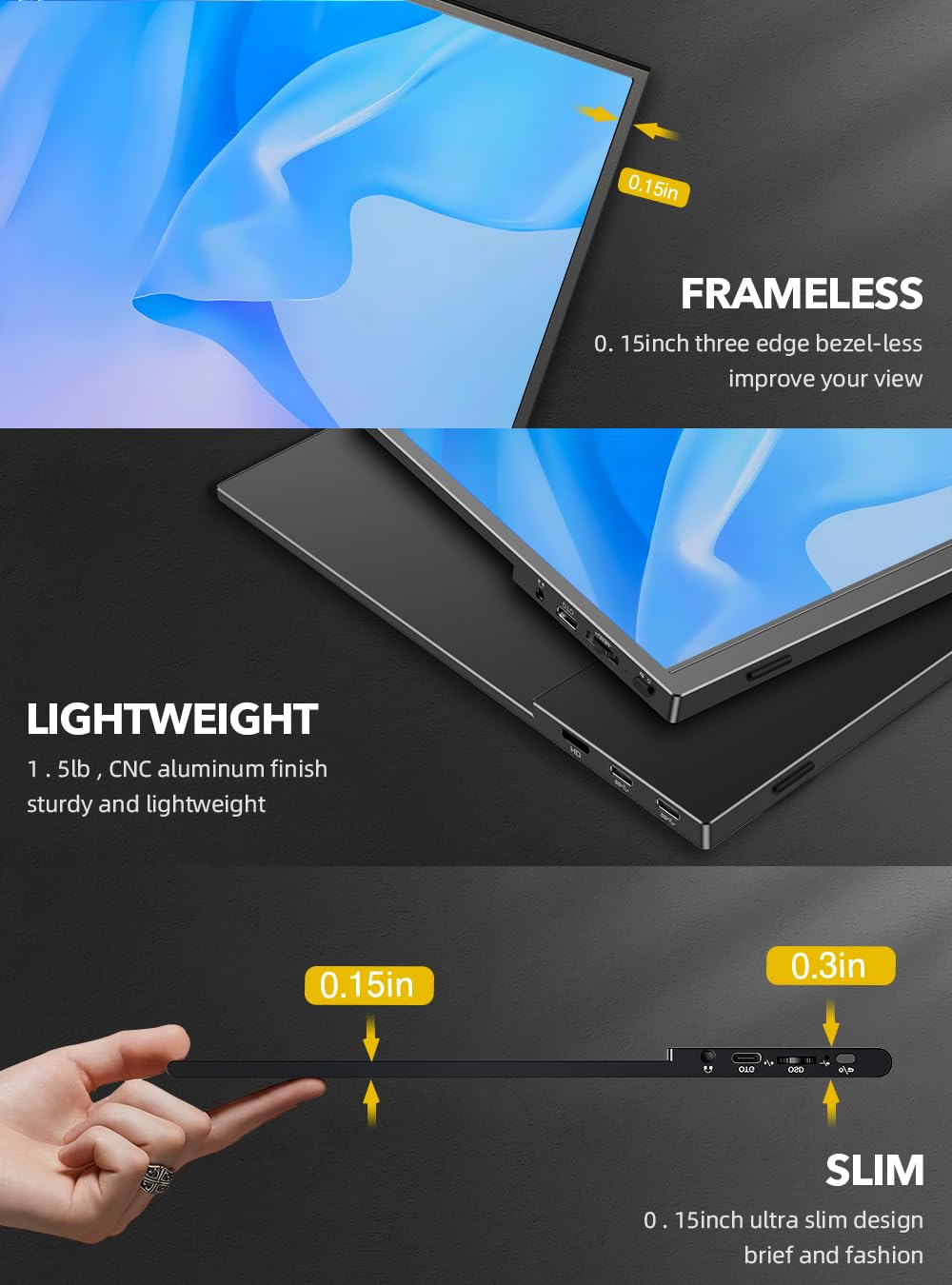 UPERFECT True 4K Portable Monitor QLED, 15.6” 600 Nits Laptop Monitor, 100% AdobeRGB, UHD 3840x2400 USB-C & MINI HDMI w/Smart Case, HDR FreeSync Eye Care, Travel Screen for Computer, PC, Game Consoles