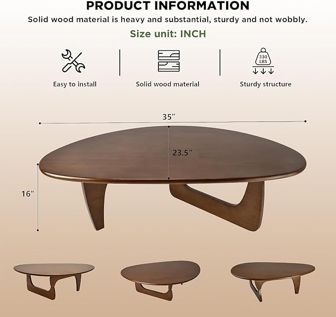Solid Wood Triangle Coffee Table,Unique Mid Century Modern Oval Coffee Table,Irregular Geometric Tea Tables for Home Living Room with Wooden Tabletop and Reinforced Legs Walnut 35" L x 24" W x 16" H