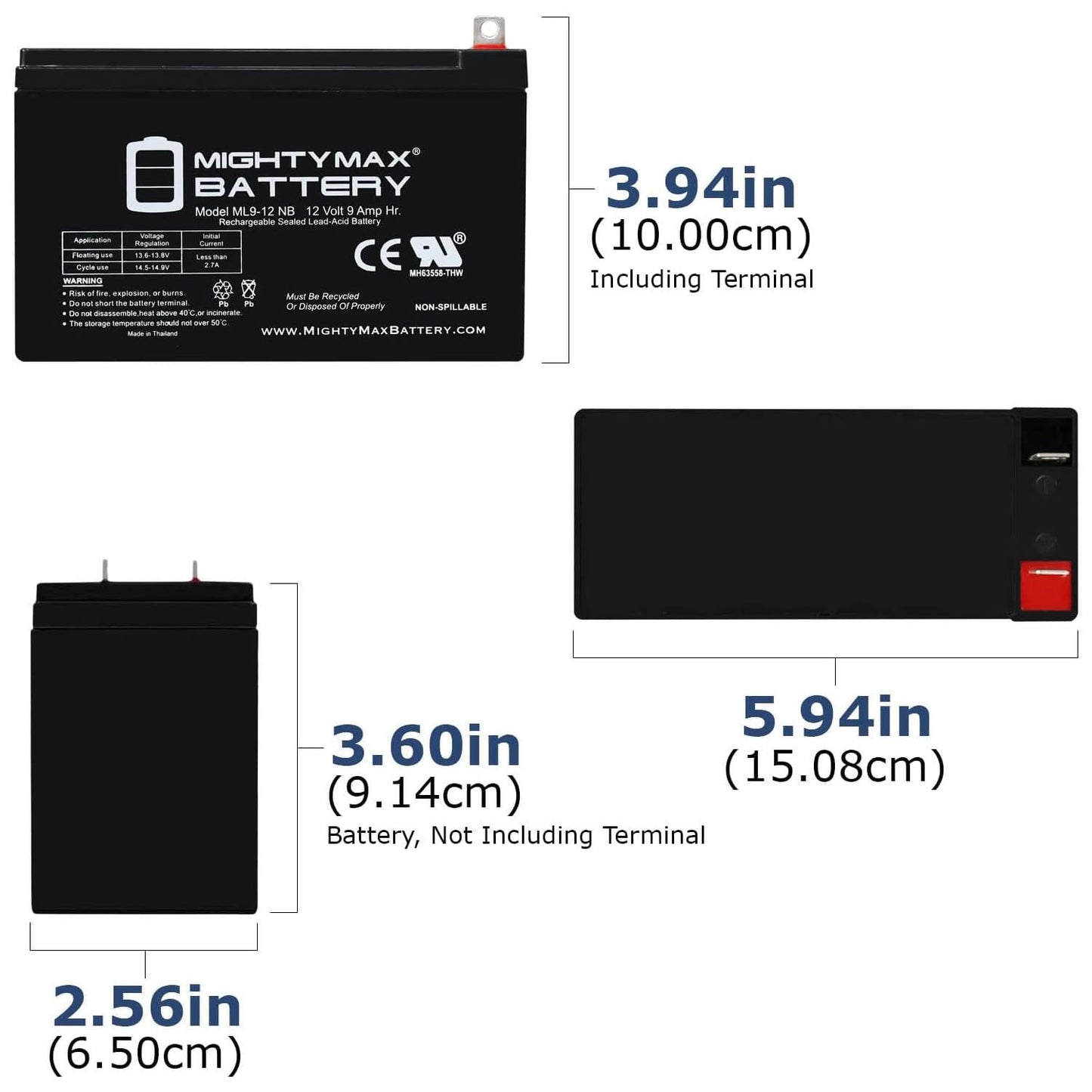 Mighty Max Battery ML9-12NB -12 Volt 9 AH, Nut and Bolt (NB) Terminal, Rechargeable SLA AGM Battery