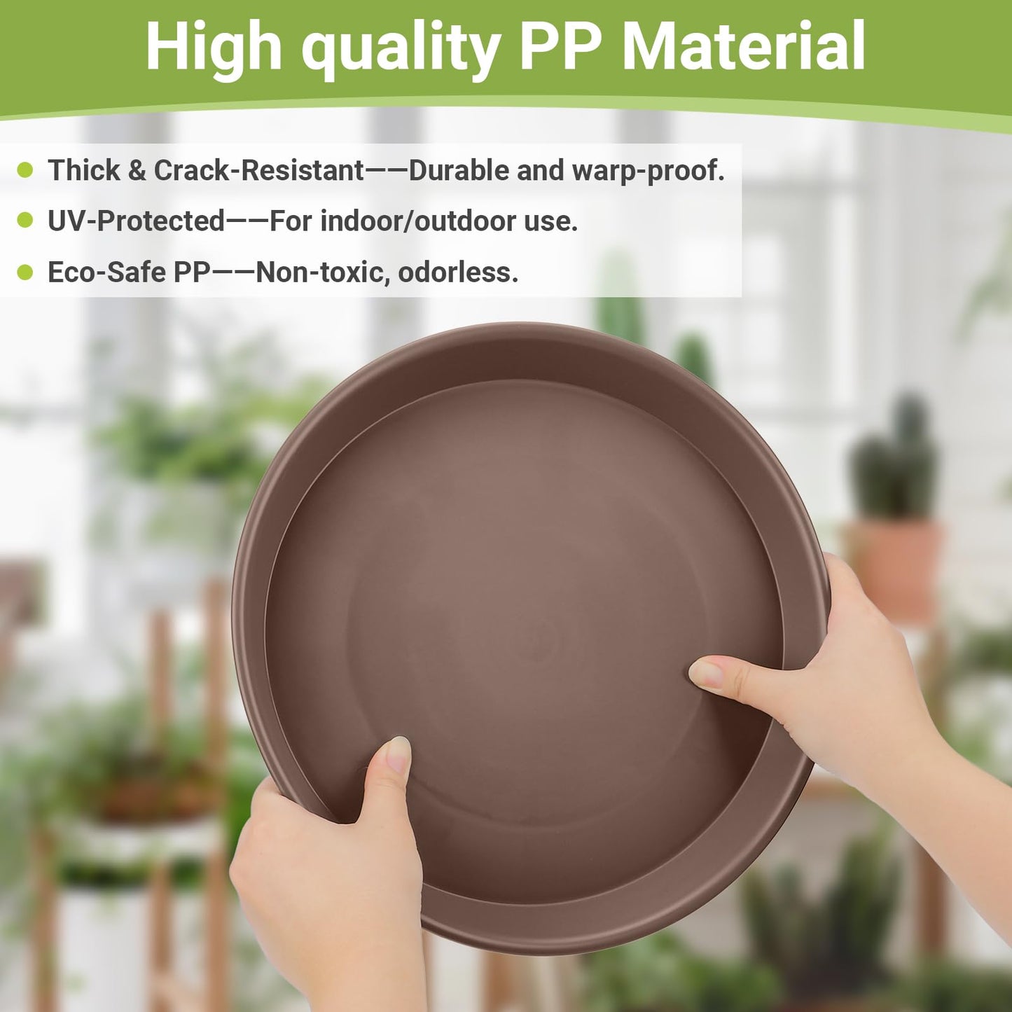 GREANER 12 Inch Plant Plates to Catch Water, 2PCS Brown Heavy Duty Humidity Trays for Indoor Plants, Deep Plant Saucer for Pot