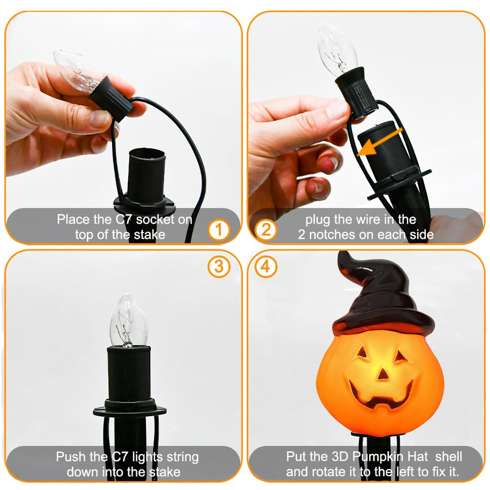 Halloween Hooded Pumpkin Pathway Lights Outdoor, 7Ft C7 Outdoor Halloween Decorations Pathway String Lights with 4 Jack O Lantern Pumpkin Stakes Lights for Garden Yard Walkway Lawn Party Driveway