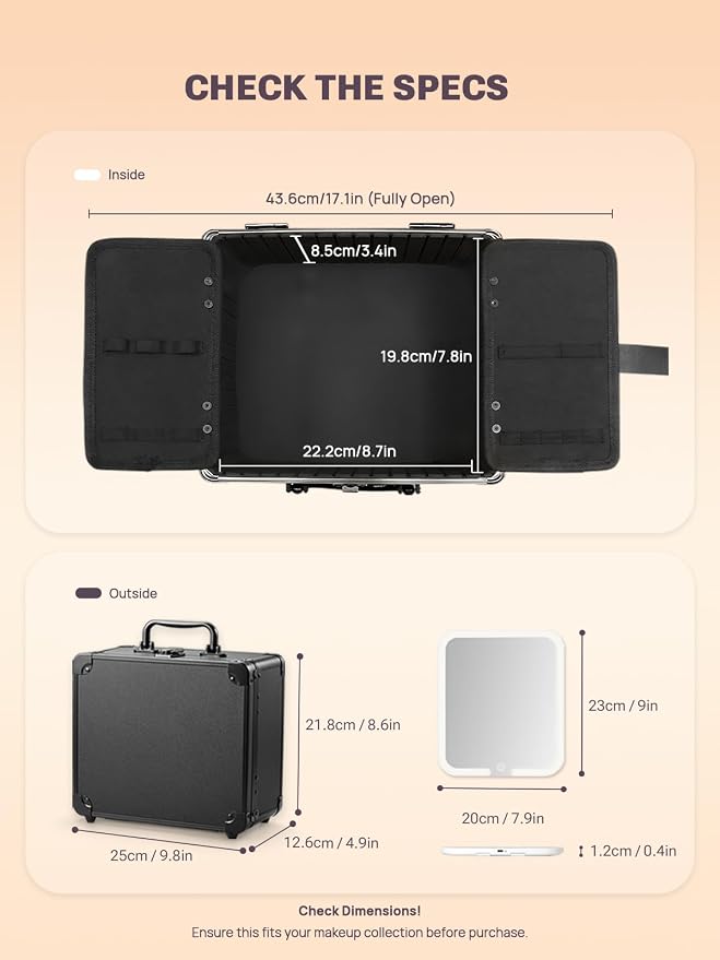 Qislee Makeup Box with A Detachable Lighted Mirror, Waterproof Travel Train Case, Cosmetic Organizer and Makeup Suitcase with Adjustable Dividers, Magnetic LED Mirror (Black)
