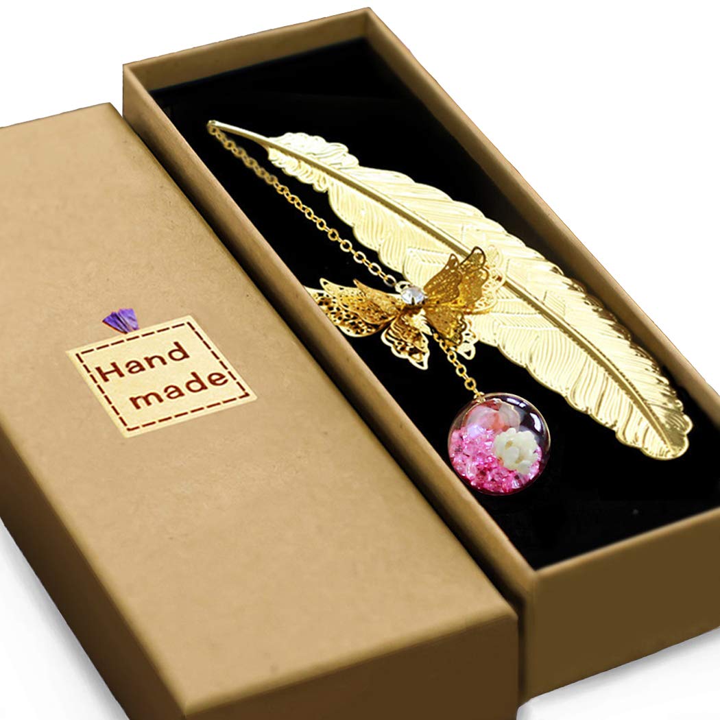 Vintage-Style Metal Feather Bookmark with Butterfly Charm Mothers Day Gifts