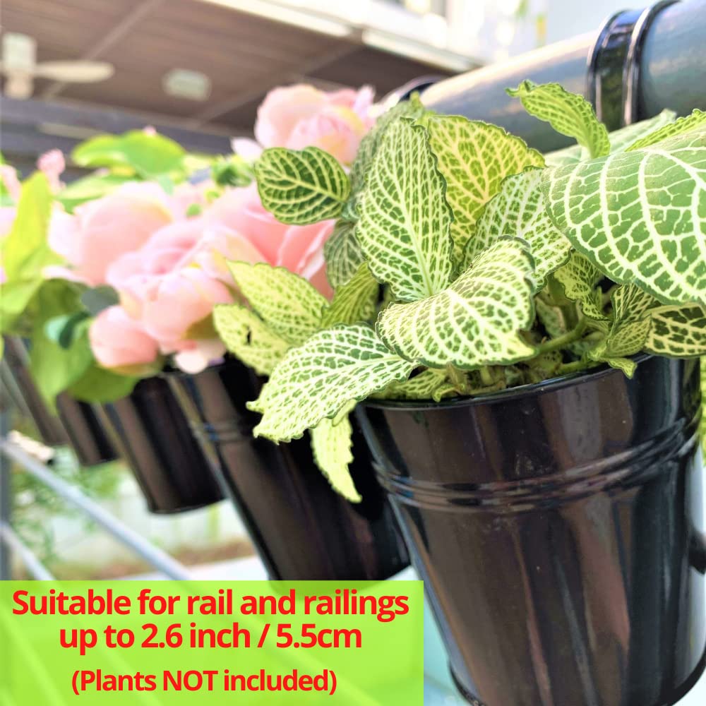 LaLaGreen Bundle - 6 Pack, 11.2 Inch Rounded Hanging Pot + 10 Pack, 6 Inch Black Metal Flower Pot, Large Outdoor Fence Deck Porch Railing Bucket, Modern Style Window Hanger Hook Balcony Plant Decor