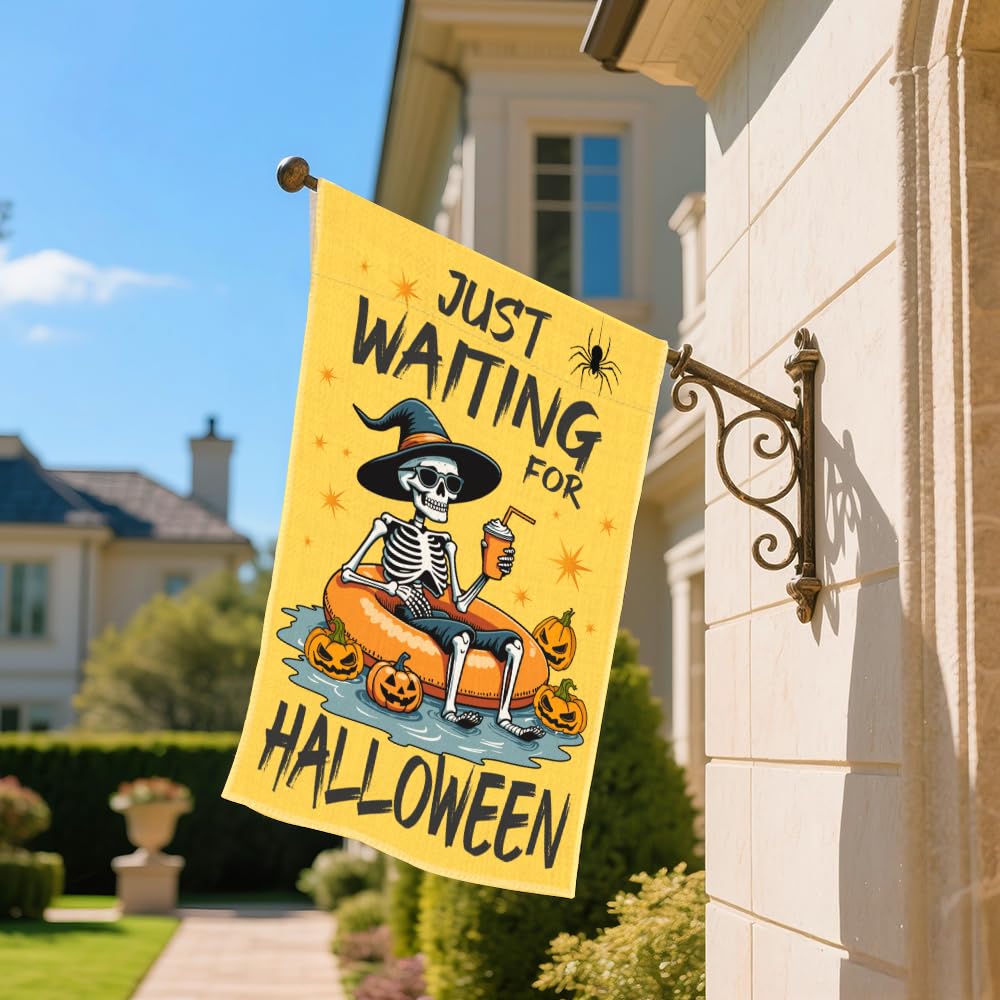 SRWNFOS Just Waiting For Halloween Welcome Garden Flag, 12x18 Inch Double Sided Yard Holiday Party Farmhouse Porch Lawn Outside Decor, Funny Halloween Pumpkin Garden Flag, Gifts for Friend Family