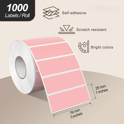 3 × 1 Inches Pink Rectangle Color Coding Labels 1000 PCS, Self-Adhesive Writable Waterproof Vinyl Blank Sticker Roll for Office Home School Business