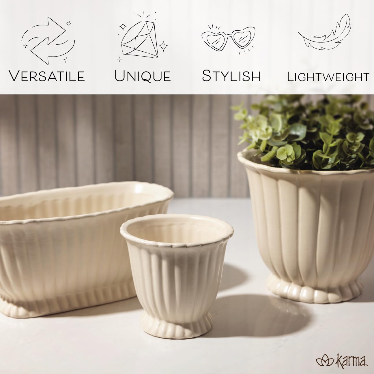 Karma, Modern Fluted Pot, Boho Small Plant Ceramic Pots, Modern Desk Decor, Office Planters, Oval