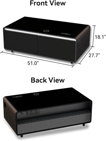 LIVTAB Smart Coffee Table, 27.8" D x 51" W x 18.1" H, Living Room Table with Built in Fridge and Speakers, Smart Table with 15W Wireless Charging, USB Chargers and 110V Outlets (Brown)