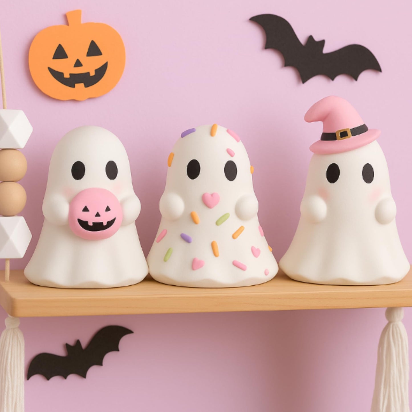 Yousoontic 3 Pcs Pastel Halloween Ghost Figurines Pink White Cute Ghost Summer Halloween Table Decor Tiered Tray Decorations Pastel Resin Statue Centerpieces for Home Mantel Tabletop Desk Party Office