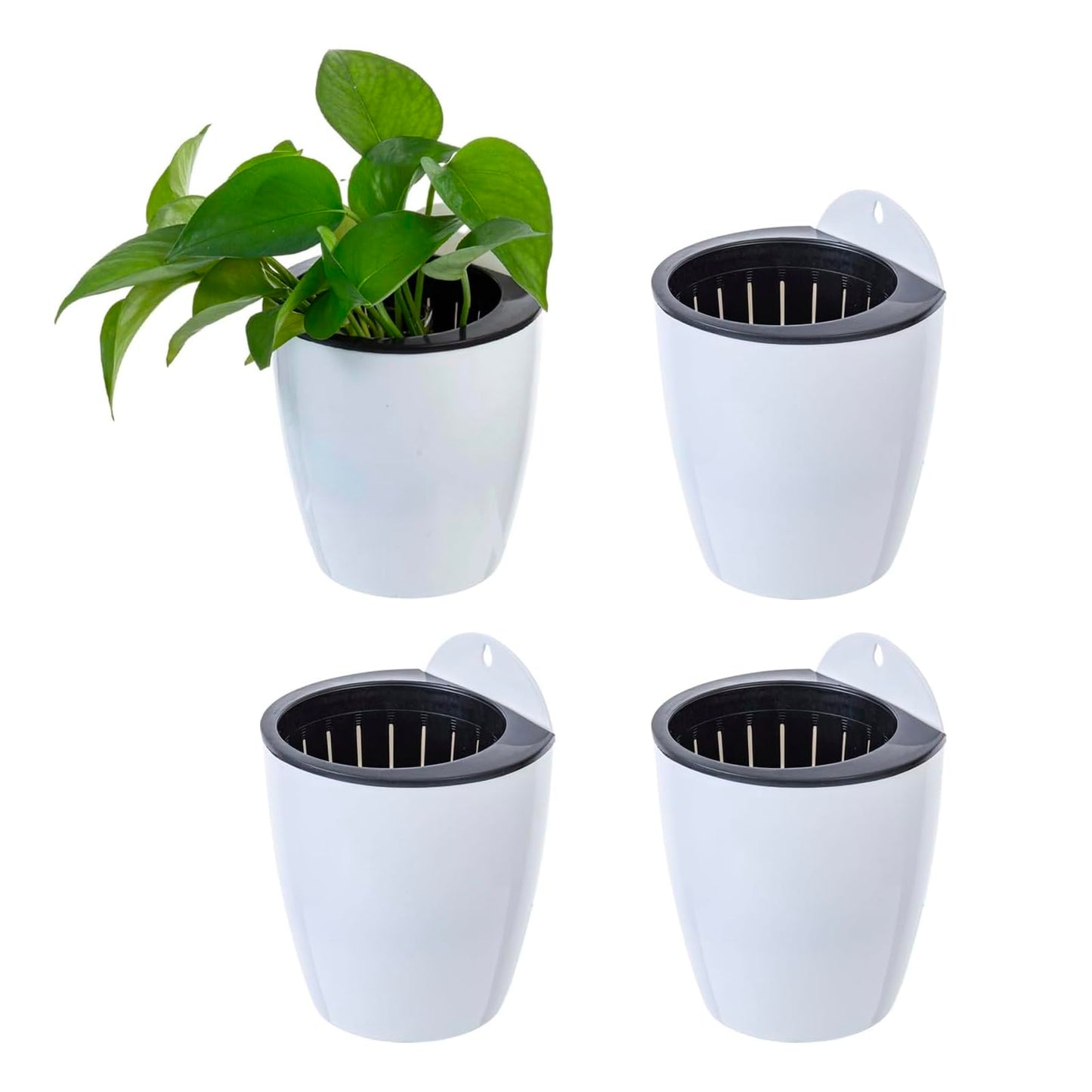 MyGift 5 Inch Wall Mounted Modern White Plastic Self Watering Planter Pots, Small Hanging Double Layer Wall Planter, Tabletop Mini Plant Container for Herb Succulent Cactus Flower, Set of 4